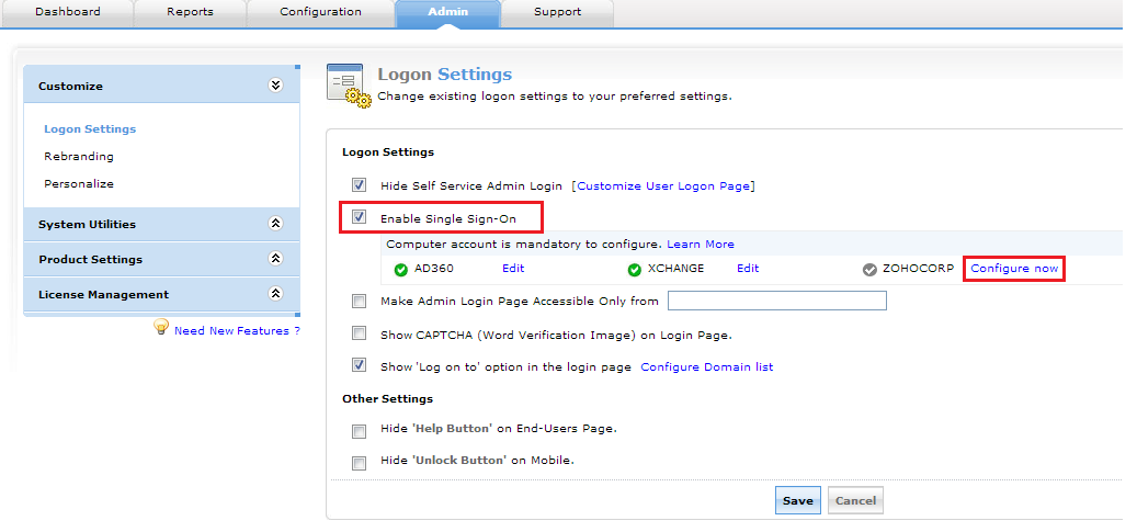 シングルサインオンの有効化