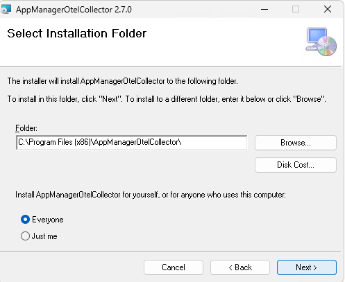 APMインサイト OTel Collector インストールウィザード - インストールフォルダー