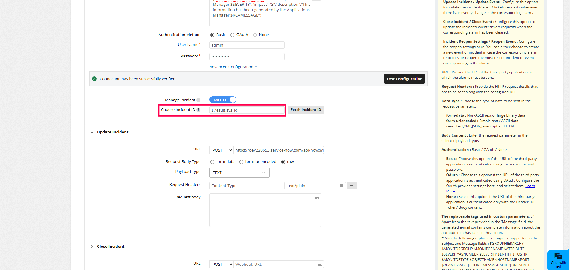 Custom integration Manage incident