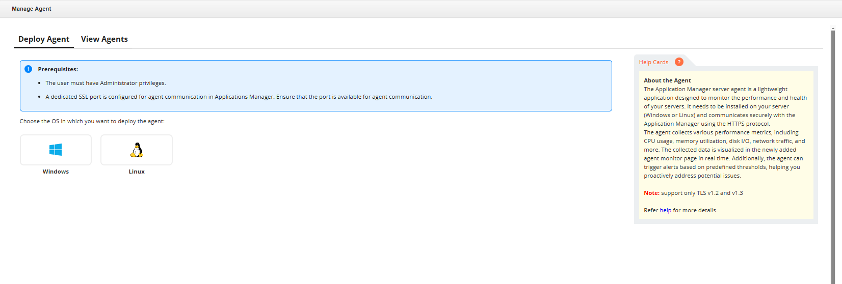 Applications Manager Manage Server Monitoring Agents: Selecting OS type for deploying agent