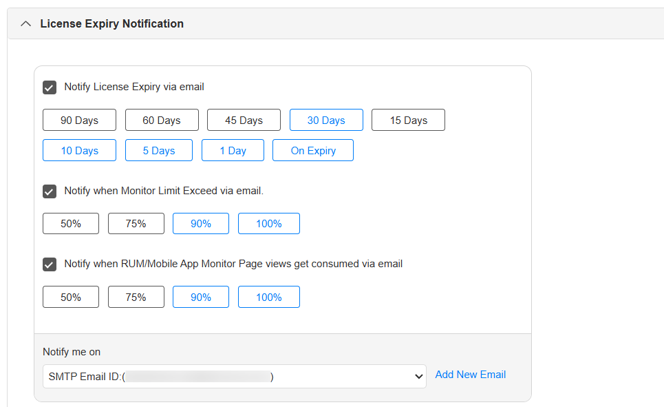 Applications Manager モバイルアプリ監視のライセンス:ページビュー消費率のライセンス有効期限通知