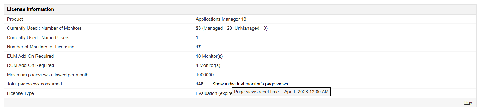 Applications Manager モバイルアプリ監視のライセンス:ライセンス情報でページビューのリセット時刻を表示