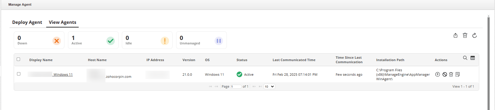 Applications Manager Manage Server Monitoring Agents: Viewing agent details