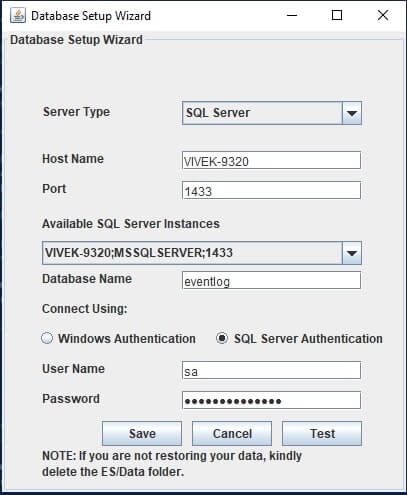 EventLog Analyzer 追加ユーティリティ - MySQL から Microsoft SQL Server へのデータ移行