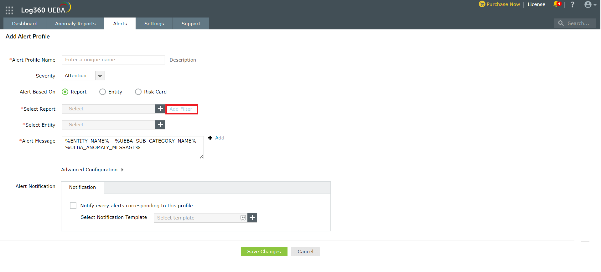 選択したレポートへのフィルターの追加