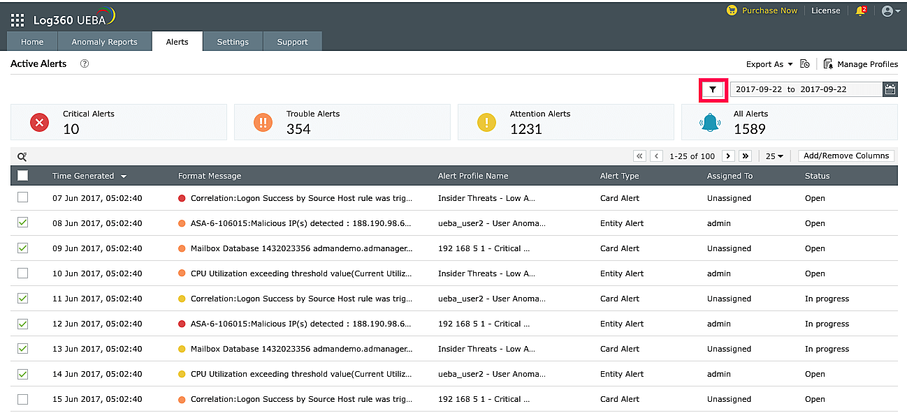 基準に基づいたアラートのフィルタリング