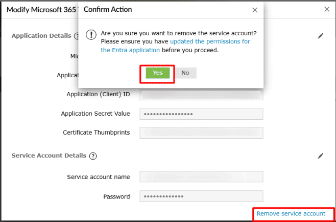 The Remove Service Account option in the Modify Microsoft 365 Tenant Settings of M365 Manager Plus.