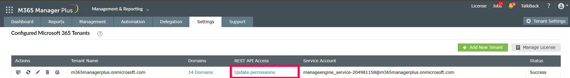 How to remove a configured service account in M365 Manager Plus