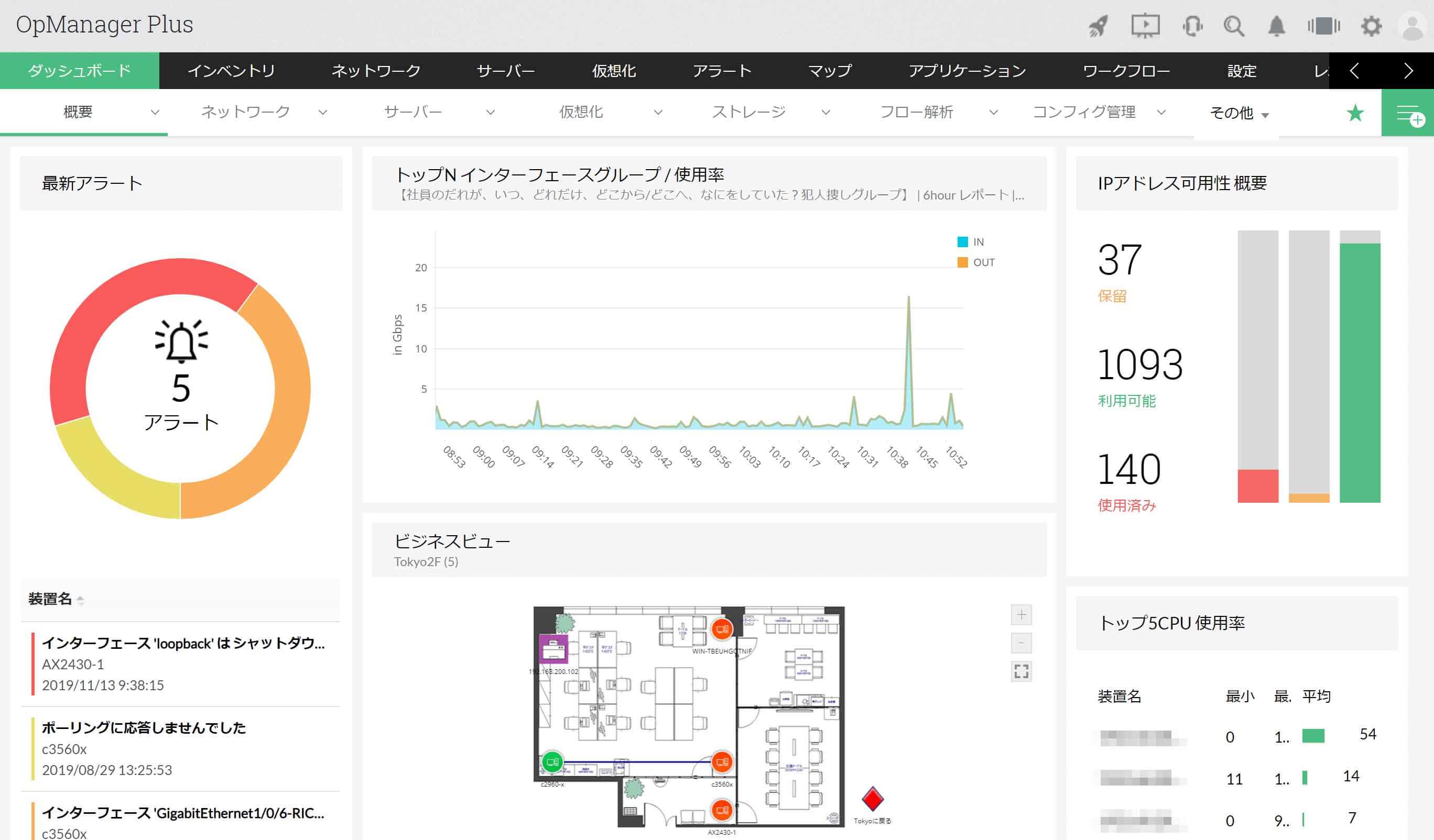 OpManager Plusダッシュボード画面